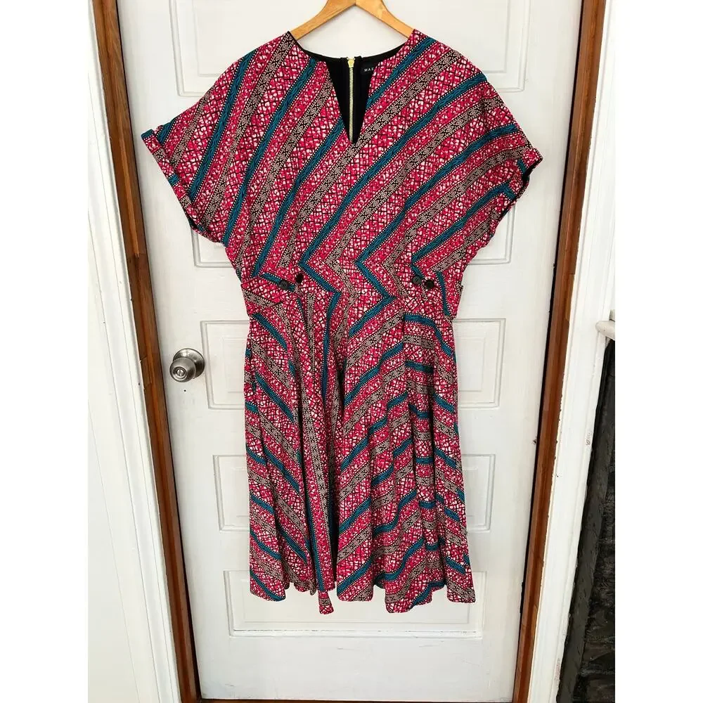 Mae Otti Dress Womens 2XL African Print Knee Length V Neck Back Zip XC Fast Ship - Picture 2 of 12